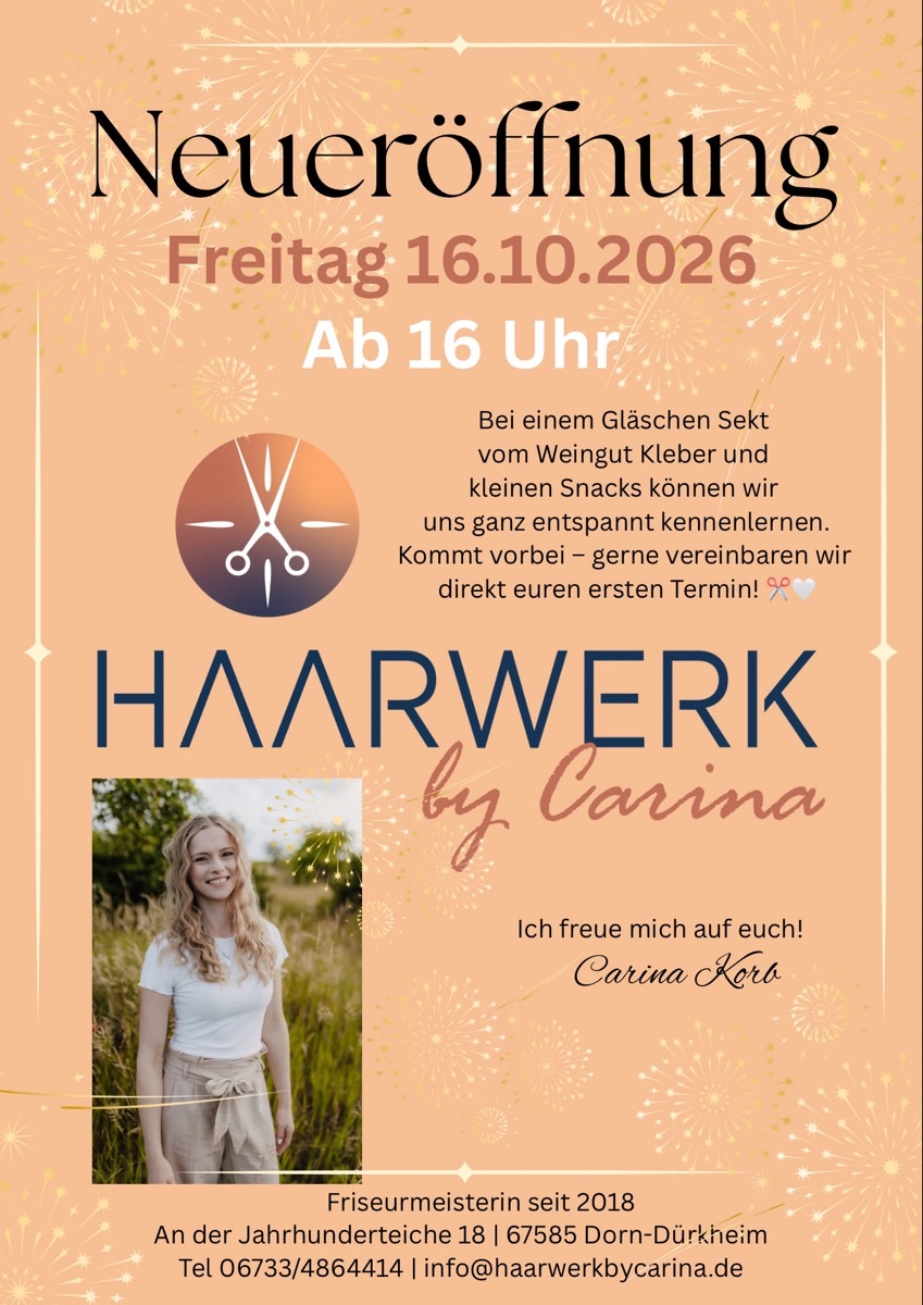 Flyer zur Neueröffnung von Haarwerk by Carina am Freitag, 16.10.2026 ab 16 Uhr
